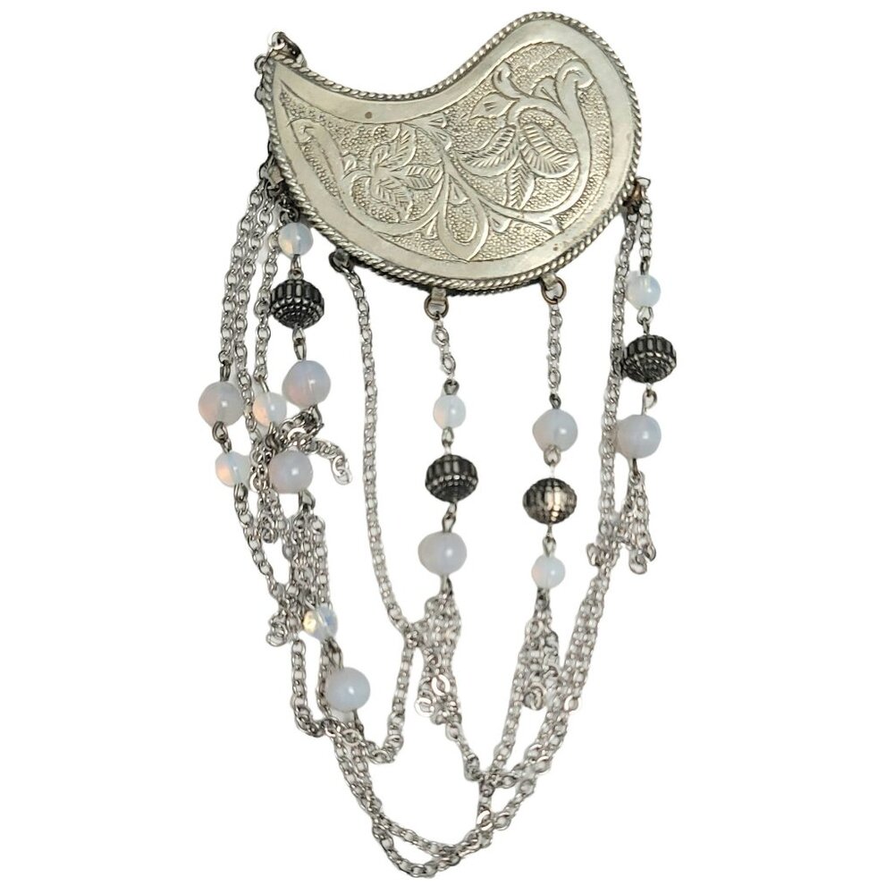 Silver-Tone Paisley Shaped Chatelaine Glass And Bali Beaded Chain Brooch, Signed